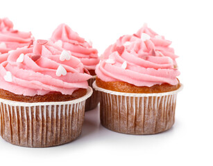 Tasty cupcakes for Valentine's Day on white background