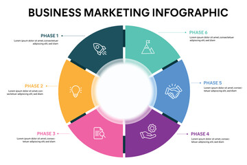 Pie chart circle infographic template with 6 options, steps, parts, segments. Business concept. marketing infographic vector illustration.