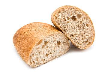 Two halves of ciabatta (Italian bread) isolated on a white background.	