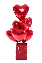 Shopping bag with heart-shaped balloons for Valentine's Day on white background