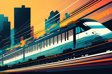 Fototapeta na wymiar Express passenger trains traveling at high speeds between cities. modern technologies. contemporary cityscape. abstract rail transportation idea. Generative AI