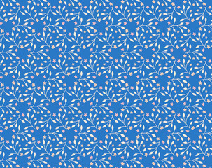 Fototapeta premium Spring floral fabric pattern with simple modest white leaves isolated on blue background