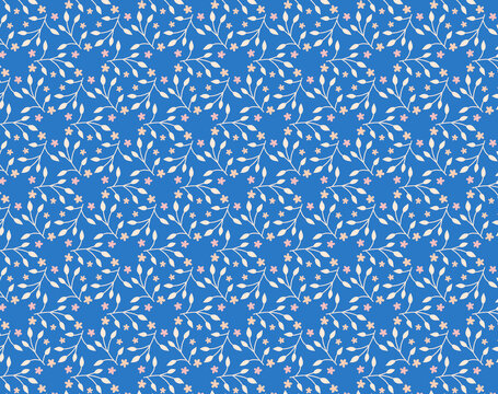 Spring floral fabric pattern with simple modest white leaves isolated on blue background