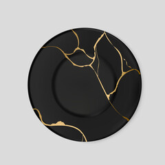 Black plate with gold kintsugi. Crack and broken effects. Restoration of broken ceramic. Marble texture. Modern vector illustration. Japanese art of repair. Home decoration element.