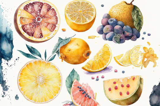 Fruits in watercolors. sour fruit Illustration of food. Juicy lemon fruits Sweet berries, exotic summer fruits, yellow fruit, ingredients for pies, ice cream, and components for yoghurts and drinks