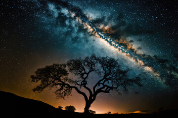 Obraz na płótnie Canvas long exposure shot of a tree silhouette with the milky way. Generative AI