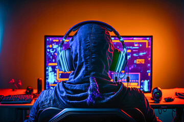 Concentrated gamer playing virtual game on powerful computer at home with professional headphones. Digital gamer shooter space gaming competition late at night in living room. Digital art	