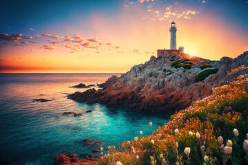 Fototapeta premium Colorful morning scene of Sardinia, Italy, Europe. Fantastic sunrise on Capo San Marco Lighthouse on Del Sinis peninsula. Picturesque seascape of Mediterranean sea. Digital artwork 