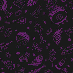 Seamless pattern with hand drawn magic tools, concept of witchcraft. Witchcraft, magic background for witches and wizards.
