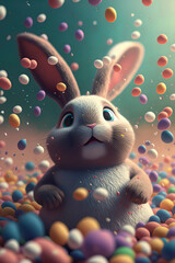 Fototapeta na wymiar bunny with colorful easter eggs falling