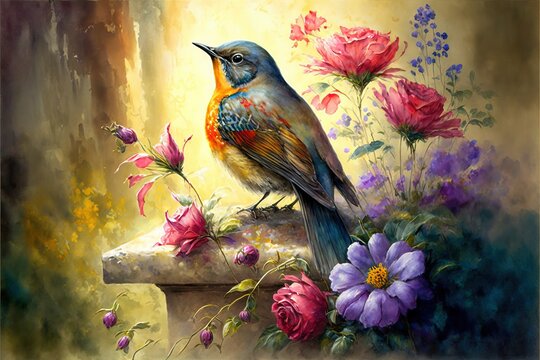  a painting of a bird sitting on a bench with flowers around it and a butterfly on the bench in the background. Generative AI