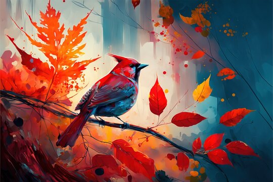  a painting of a bird sitting on a branch with leaves on it's branches and a sky background. generative ai