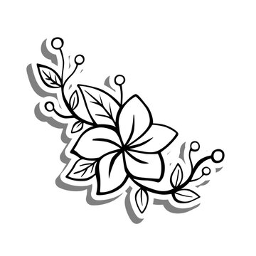 Black line doodle Flower with Leaves and Pollen on white silhouette and gray shadow. Hand drawn cartoon style. Vector illustration for decorate, coloring and any design.