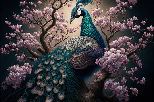  a painting of a peacock sitting on a tree branch with pink flowers in the background and a full moon in the sky. generative ai