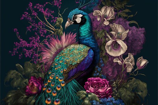  a painting of a peacock surrounded by flowers and flowers on a dark background with a blue background and a purple flower. Generative AI