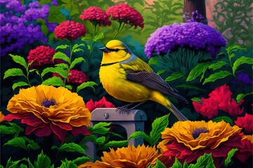  a bird sitting on a bench in a garden of flowers and plants with purple. Generative AI
