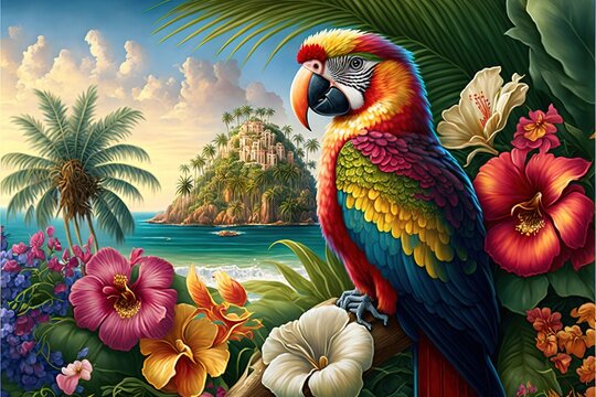  a colorful parrot sitting on a branch in a tropical setting with flowers and a beach in the background with a castle in the distance. generative ai © Oleg