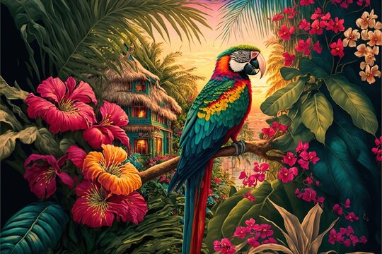  a colorful parrot perched on a branch in a tropical setting with flowers and palm trees in the background and a house in the distance. Generative AI