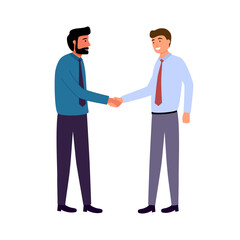 Two businessmen shaking hands in flat design on white background. Business greeting concept vector illustration.