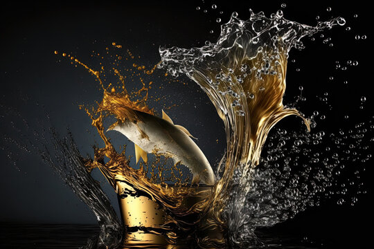 With a dark backdrop, a golden metal can is creating a splash in the water. Generative AI