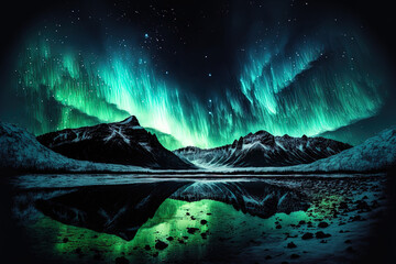 Abstract image of the northern lights above the forest, river, and snowy mountains. Generative AI