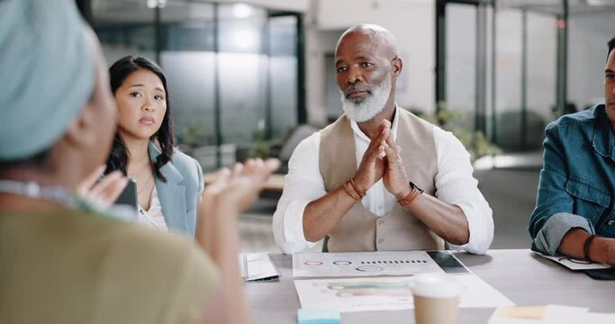 Leadership, CEO or black woman with a question in a meeting for a marketing strategy or brainstorming ideas. Support, team work or business people asking company manager faq or speaking of kpi data