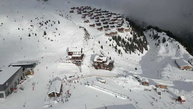 Aerial photos of the Belalp ski resort in the canton of Valais in Switzerland. Gondola, ski lift and mountain huts