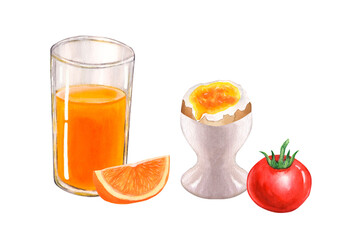 Fresh products for Breakfast: tomato, egg on a stand, a glass of orange juice. Hand drawn watercolor illustration isolated on white background