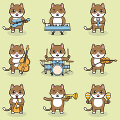 Vector Illustration of Cute Cat playing music instruments. Set of cute Cat characters. Cartoon animal play music. Animals musicians.