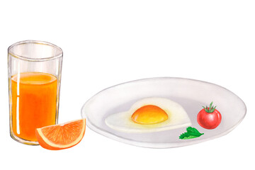 Fresh products for Breakfast: tomato, egg on the plate, a glass of orange juice. Hand drawn watercolor illustration isolated on white background
