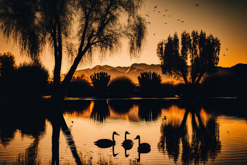Two geese in the water in a vertical picture with mountains in the silhouette. Generative AI