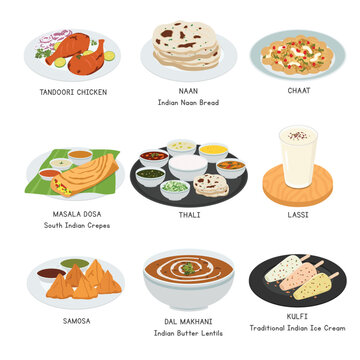 Indian Food vector set. Set of famous dishes in India flat vector illustration, clipart cartoon. Naan, Thali, Chaat, Samosa, Tandoori Chicken. Asian food. Indian cuisine. Indian foods vector design