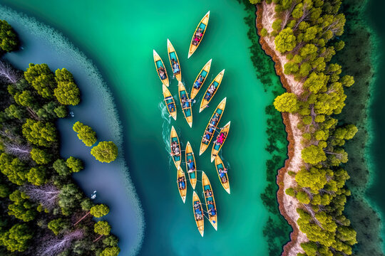 Aerial drone top down super wide panorama picture shows synchronized athletes participating in canoe rowing on a tropical exotic lake. Generative AI