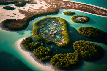 Conceptual Ai Generated Image (not actual) - aerial picture of Ras al Khaimah in the United Arab Emirates above a mangrove forest. Generative AI