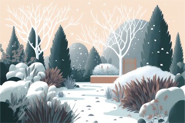 wintery garden with frosty plants and a dusting of snow on the ground, DIGITAL DRAWING (AI Generated)
