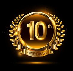10th golden anniversary logo with ring & ribbon, luxury laurel wreath