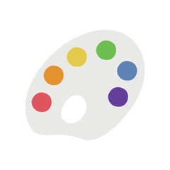 Flat vector painting tools in childish style. Hand drawn art supplies, rainbow plastic palette with paint