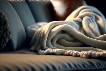 close-up shot of a soft, fluffy blanket draped over a couch or chair, evoking feelings of comfort and relaxation, as the soft, plush texture of the blanket is inviting and welcoming (AI Generated)