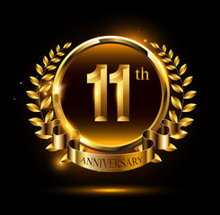 Naklejka premium 11th golden anniversary logo with ring & ribbon, luxury laurel wreath