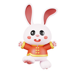 Rabbits in traditional clothing isolated. Traditional asian decorations for the Chinese new year elements icon. 3D render illustration.