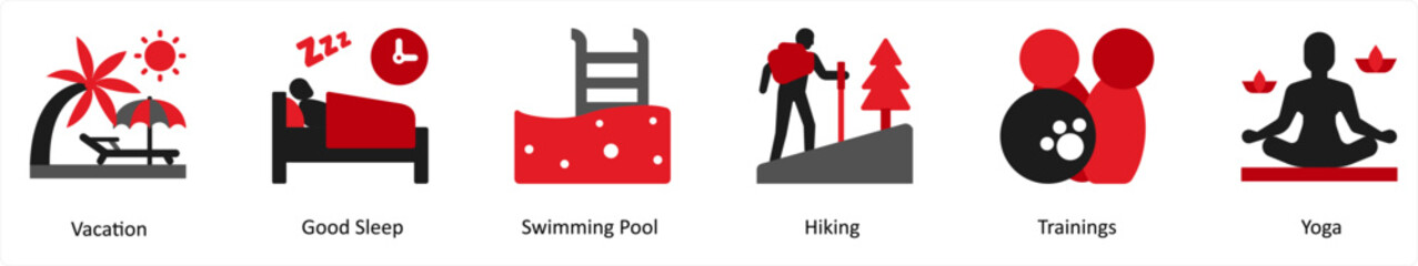 Six vacation icons in red and black as vacation, good sleep, swimming pool