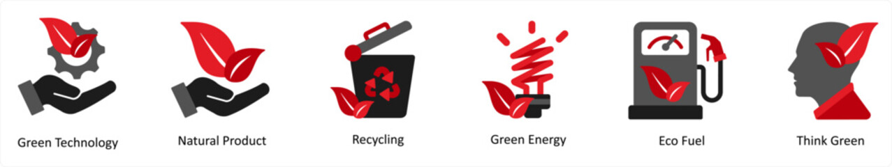 Six ecology icons in red and black as green technology, natural product, recycling