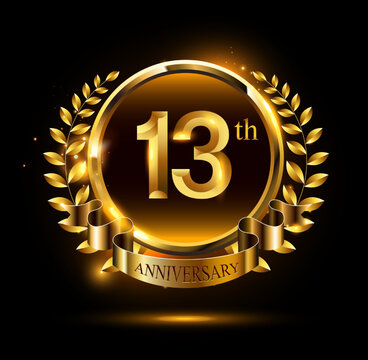 13th golden anniversary logo with ring & ribbon, luxury laurel wreath