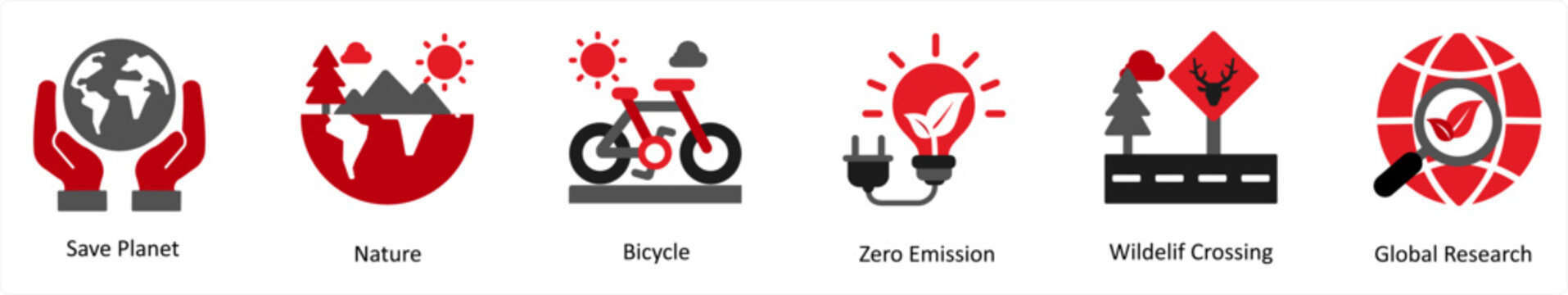 Six ecology icons in red and black as save planet, nature, bicycle