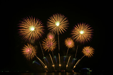 Colorful fireworks celebration from the sea with the midnight sky