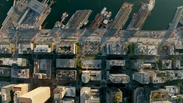 Top down drone shot of Seattle's industrial waterfront with the city's surrounding skyscrapers.