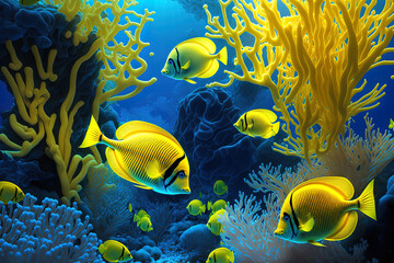 Fototapeta na wymiar A stunning aquarium filled with fish and corals yellow zebrasome yellow tang. Generative AI