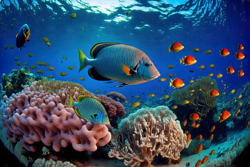 Beautiful coral reefs and fish underneath, as well as fish on the seafloor. Generative AI