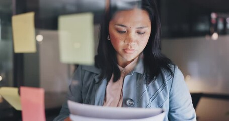 Sticky note, writing or woman planning a strategy for financial, sales or business growth in an office at night. Focus, data analysis or employee thinking of goals, mission or vision working on ideas - Powered by Adobe