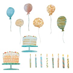 Cake candle balloon happy birthday set watercolor